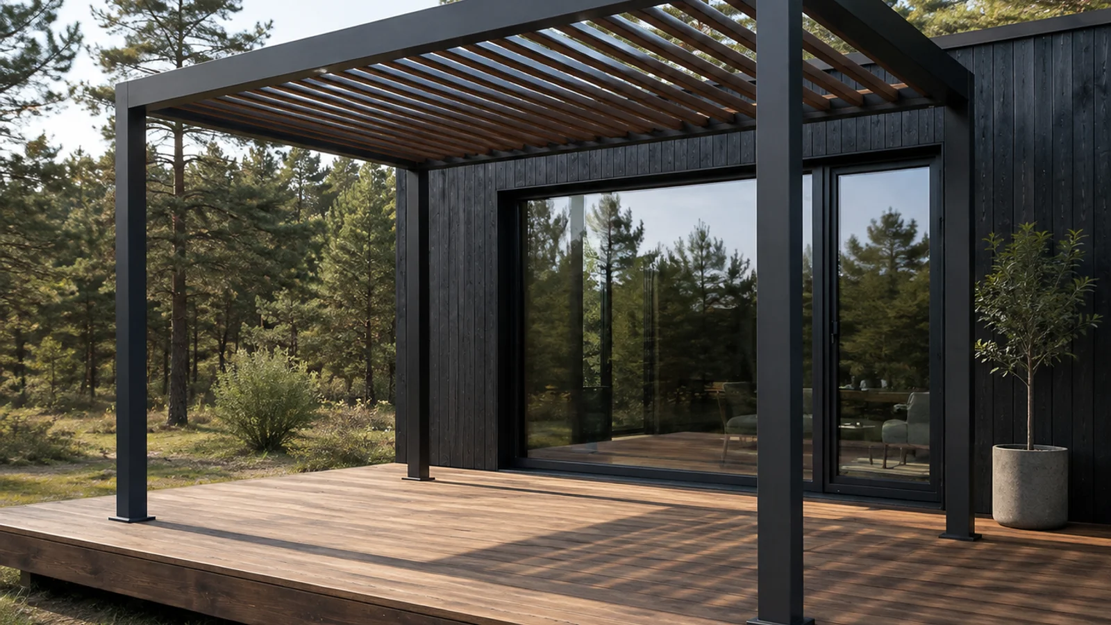 Bioclimatic aluminium pergola over a Bedfordshire patio dining area