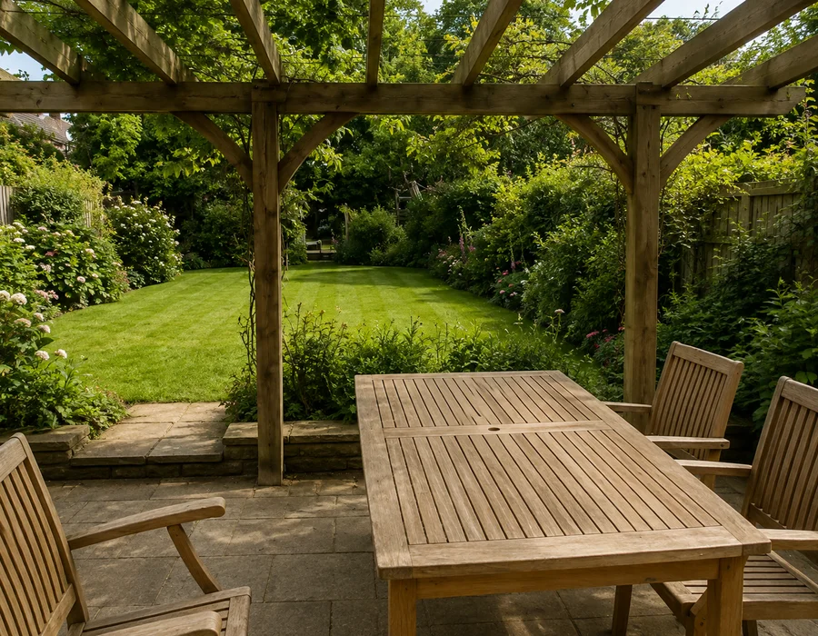 Bioclimatic aluminium pergola over a Luton patio
