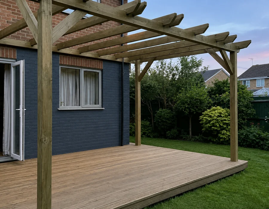 Attached timber pergola over deck with LED downlights in Dunstable