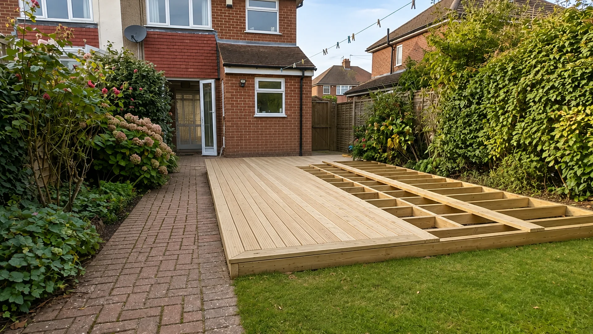 Bedfordshire Decking Builders installer team on site with a timber deck build in progress