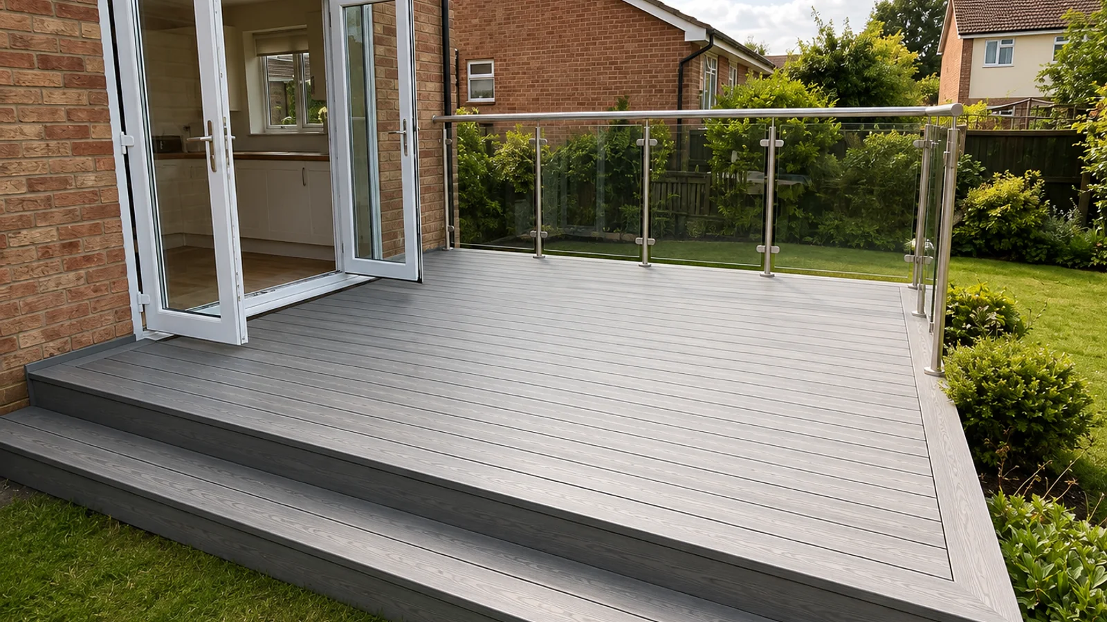 Bespoke composite decking with step and glass balustrade at a detached Bedfordshire home