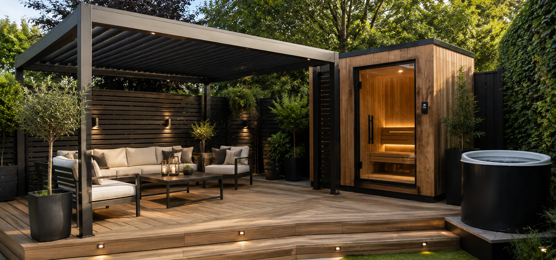 Bespoke timber decking and pergola in a Bedfordshire garden at twilight