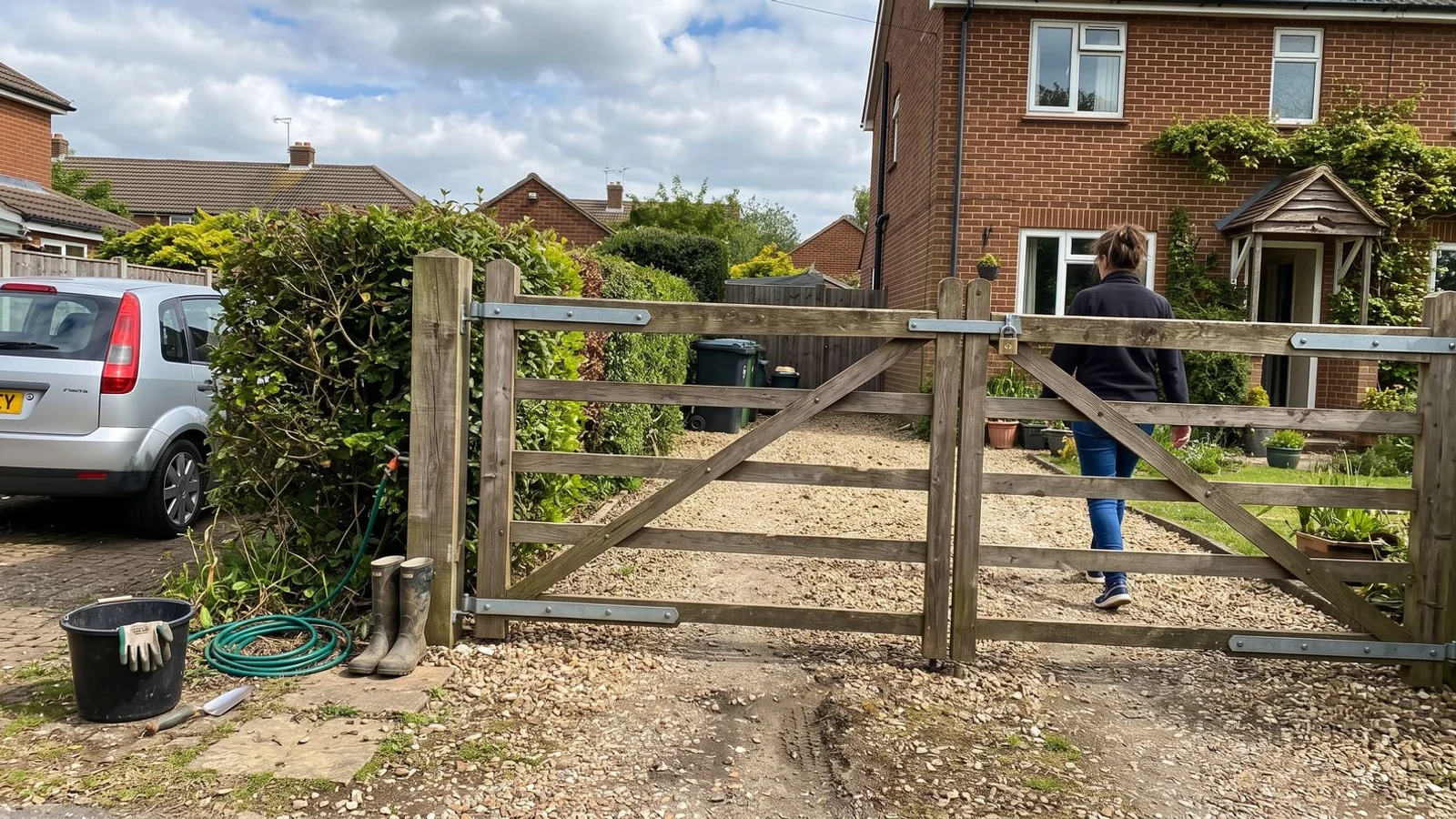 Bespoke timber driveway gate with galvanised hinges installed in Dunstable