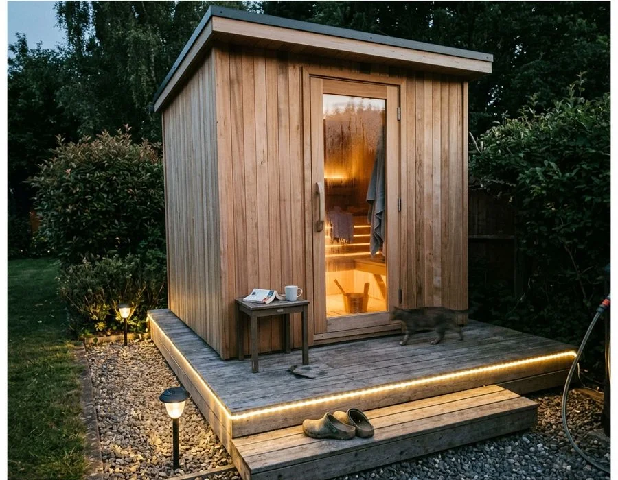 Cedar-clad outdoor sauna at night with integrated lighting