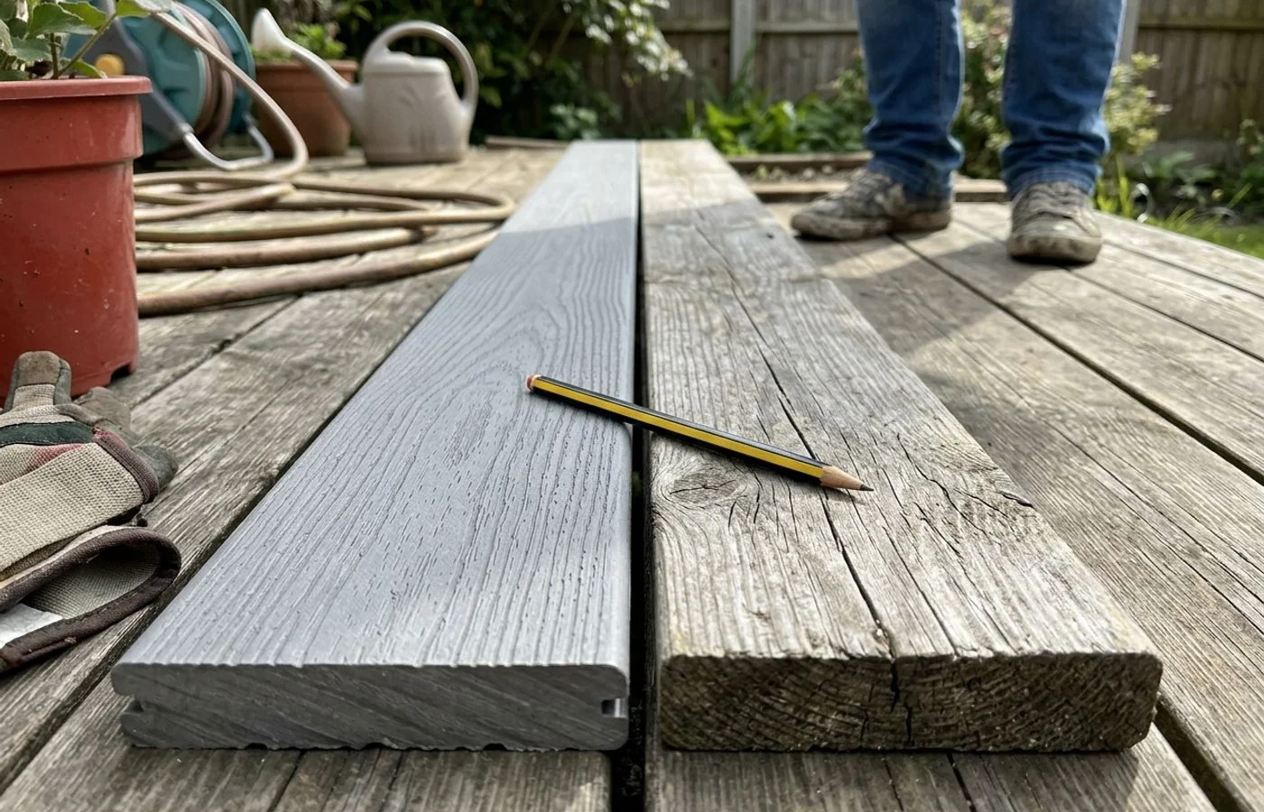 Close-up comparing a capped composite deck board with a weathered timber board