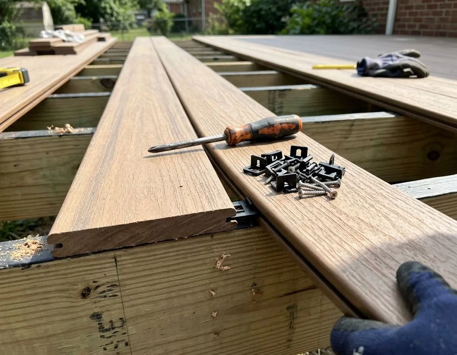 Close-up of capped composite boards with hidden fasteners