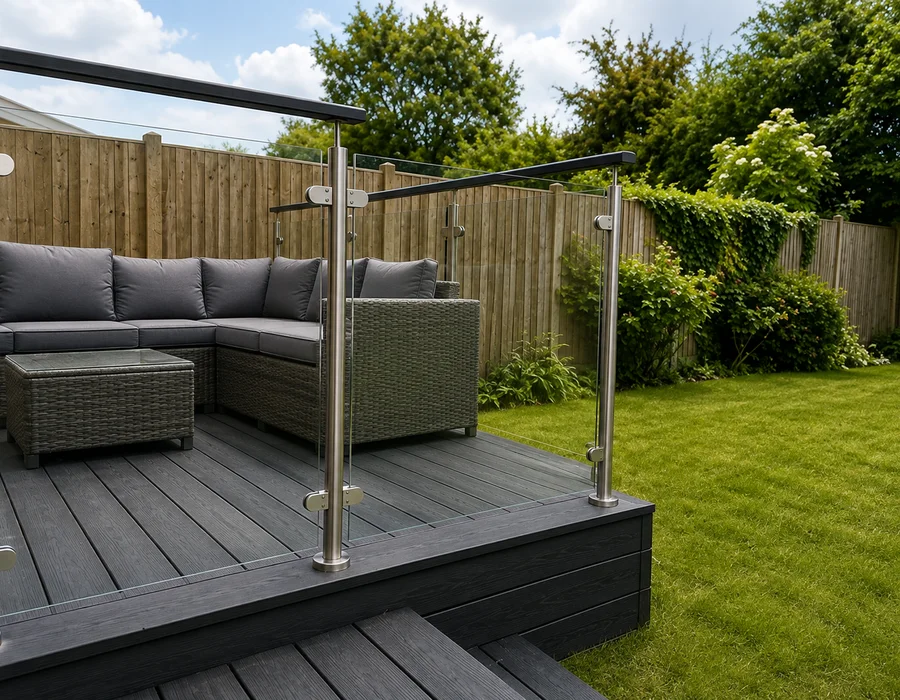 Composite decking with glass balustrade in a Bedford garden