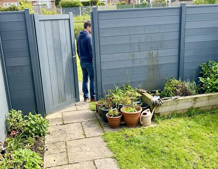 Slate-grey composite fencing with matching pedestrian gate