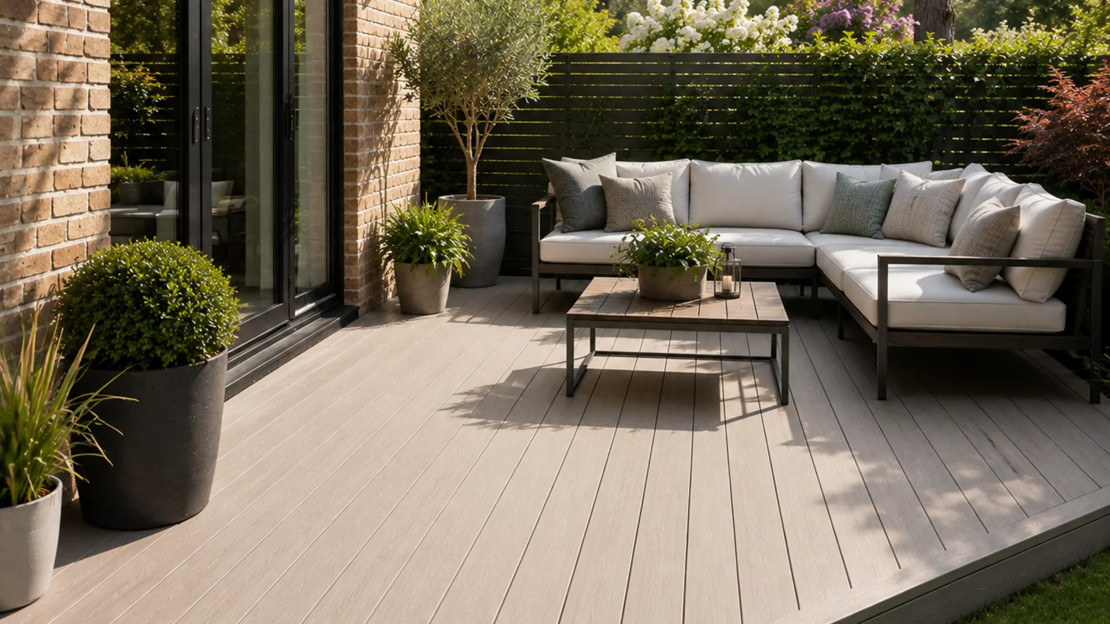 Contemporary composite deck with glass balustrade in a Bedfordshire garden