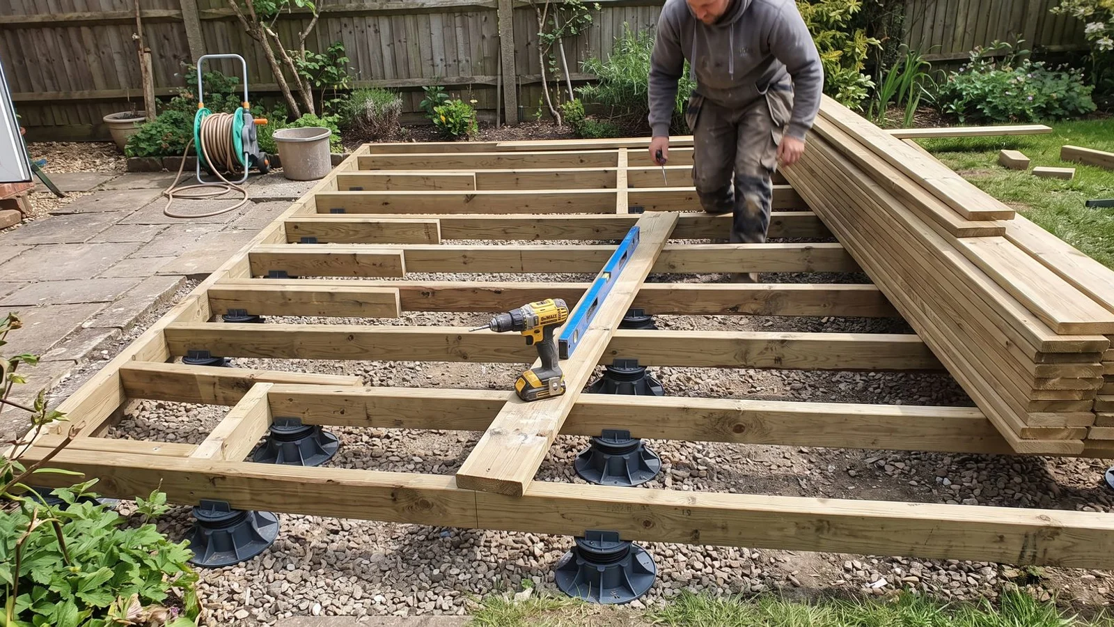 Structural timber subframe with treated joists and adjustable pedestals during a Bedfordshire deck installation