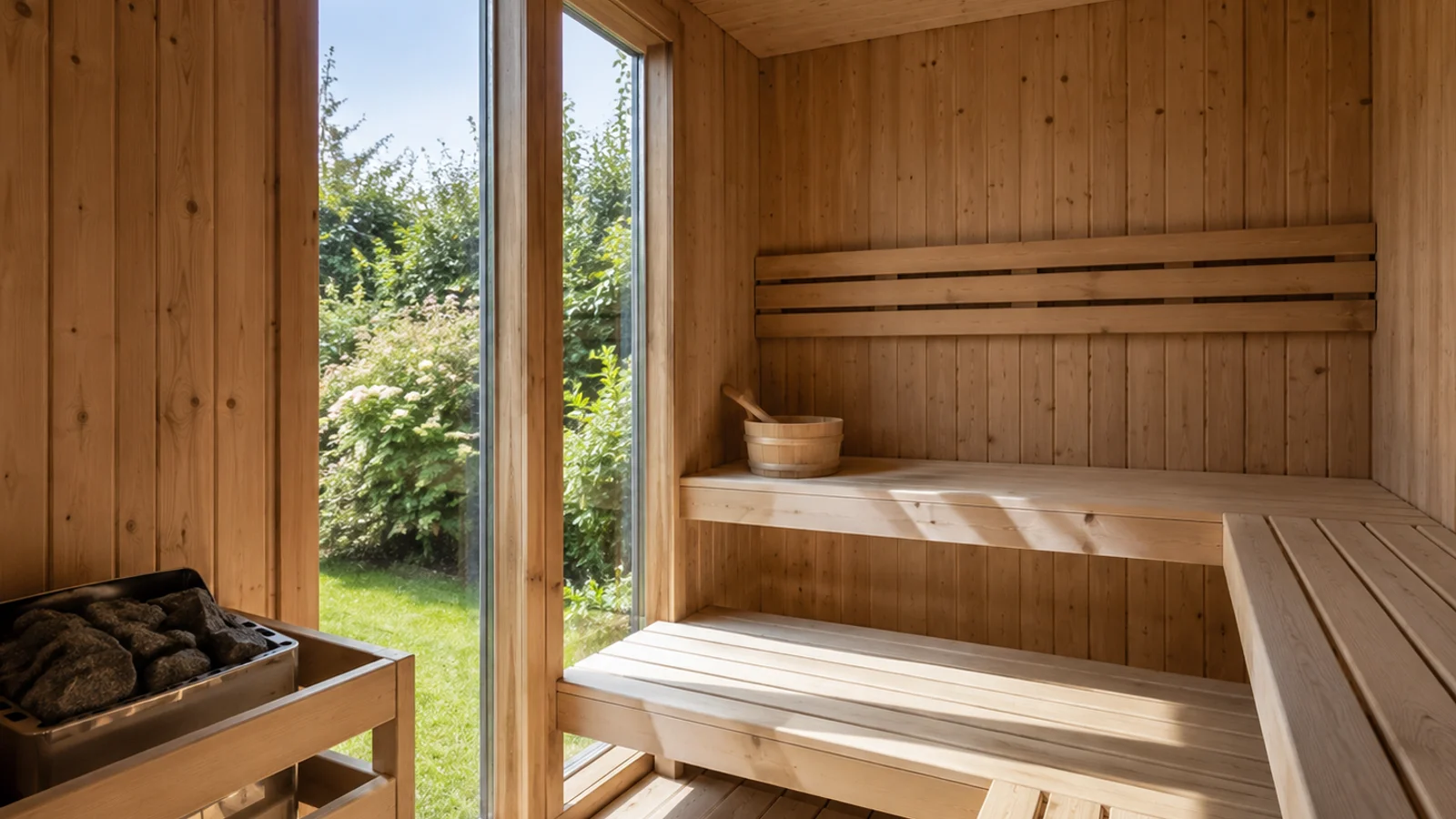 Interior of a Finnish-style garden sauna with aspen bench and wood-burning stove