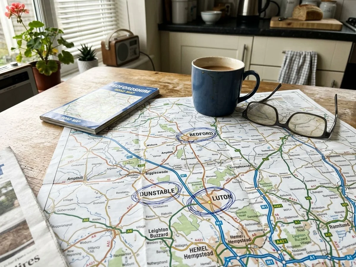 Illustrative map of Bedfordshire showing Bedford, Luton and Dunstable