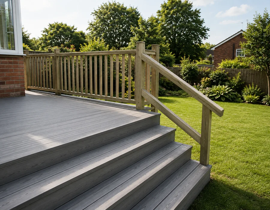 Multi-level timber deck with built-in seating in Luton