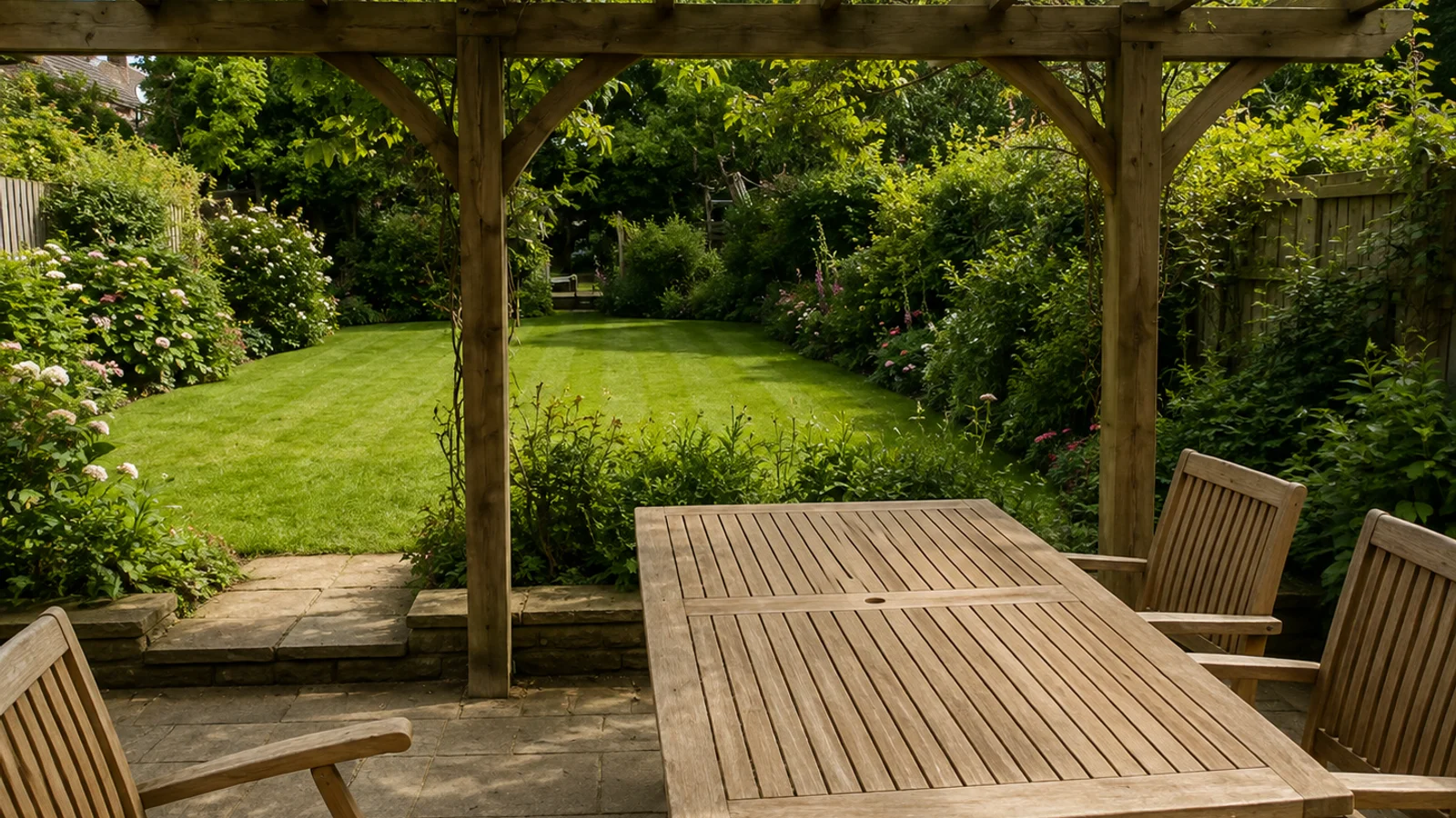 Timber pergola with climbing wisteria over an outdoor dining table