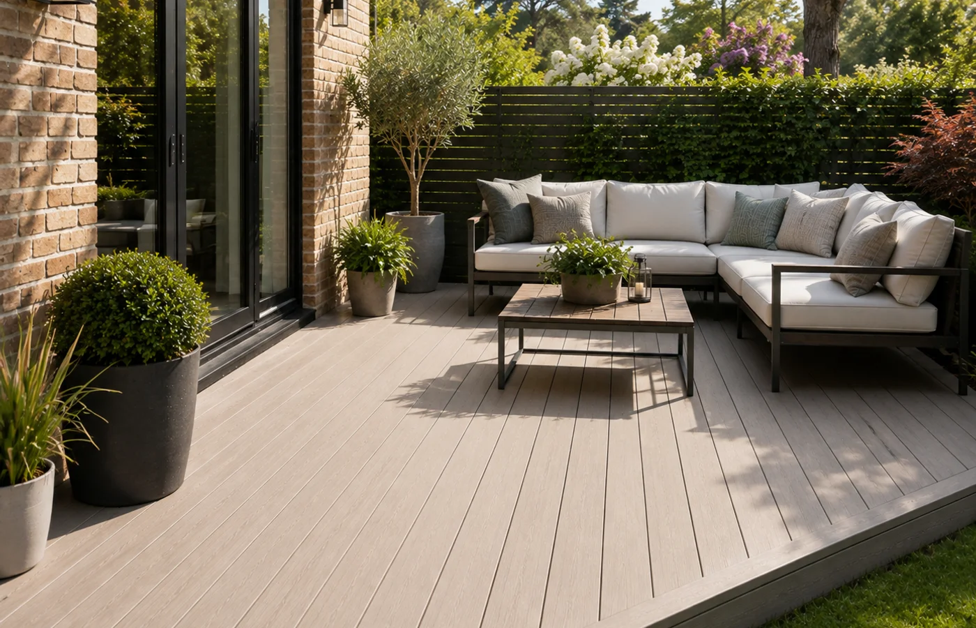 Traditional hardwood timber deck in a British back garden