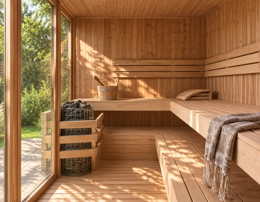 Wood-fired sauna stove with flue detail